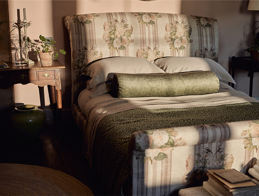 Arles King Bed in RHS Etta's Bouquet Alba Truffle with Bolster in Almost Plain Velvet Spring