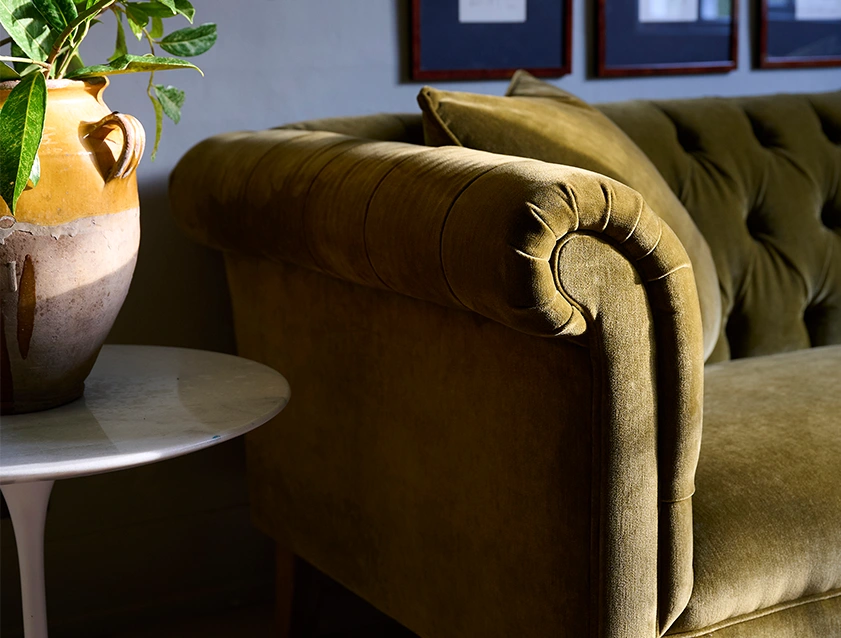 Arncliffe 3 Seater Sofa in Traditional Vintage Velvet Olive Arm Detail