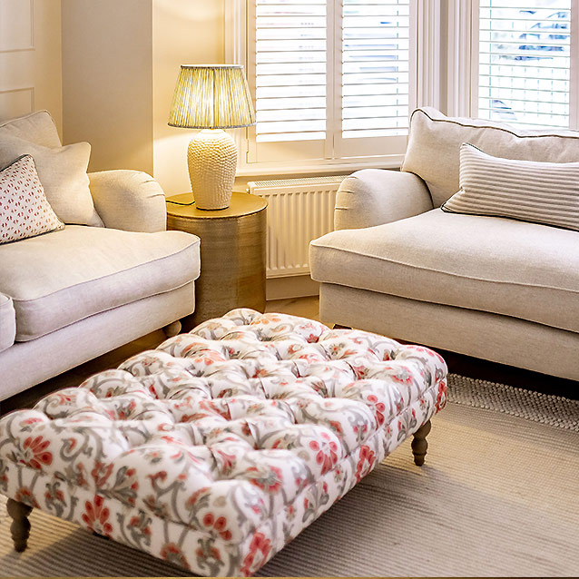Bedham Footstool in Colefax and Fowler Hailsham Pink Green
