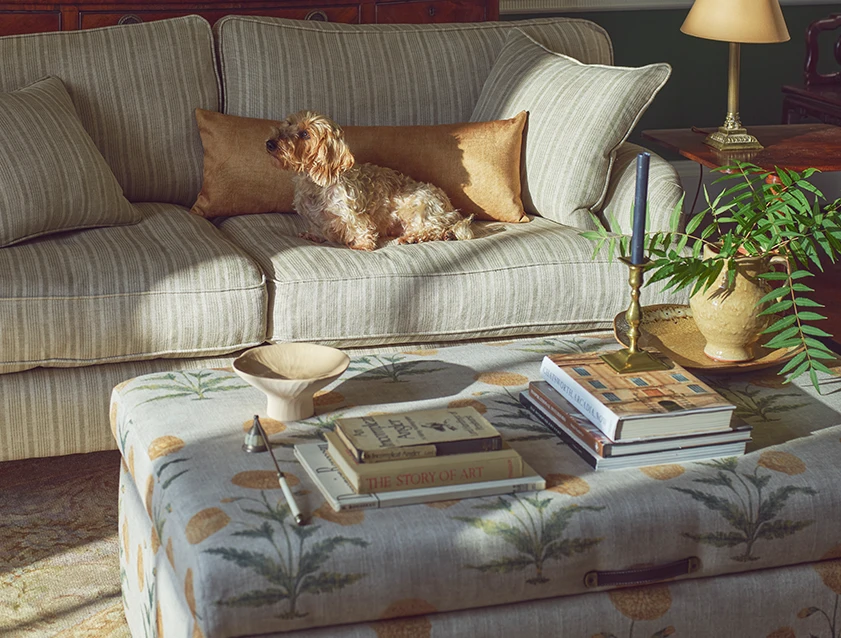 Birdham large blanket box in V&A Threads of India on Linen Regal Poppy Buttermilk and Alwinton 3 seater sofa in Ettas Stripe Moss