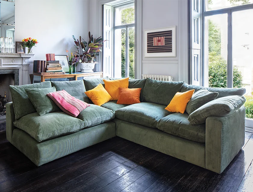 Big Softie Straight Arm Small Corner Group RHF and Footstool in DG Corda Forest