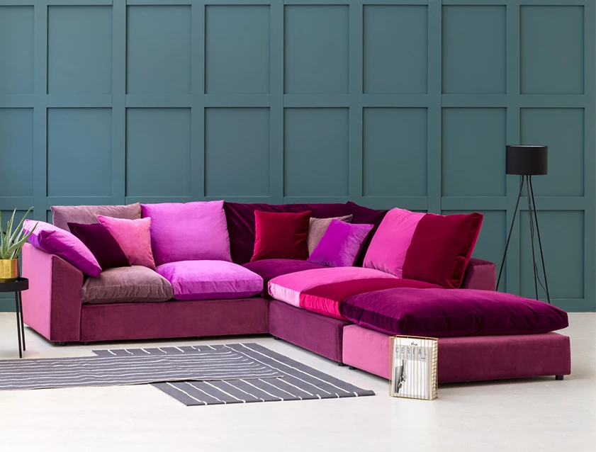 Big Softie Sloped Arm Large Corner Group LHF in Linwood Omega Velvet Shades of Cerise