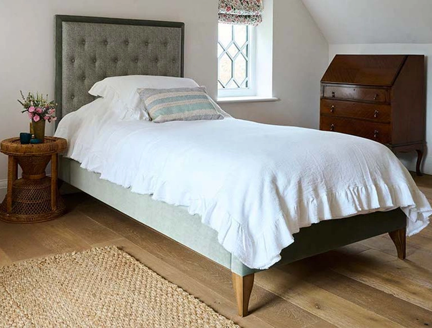 Camden Single Bed in RHS Collection Gertrude Jekyll Lattice Duck Egg and Linwood Omega Velvet Duck Egg