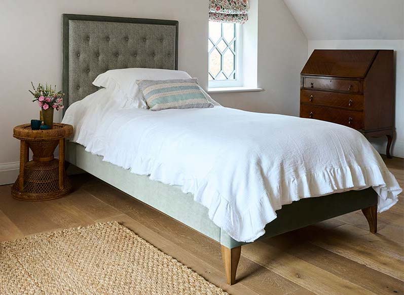 Camden Single Bed in RHS Collection Gertrude Jekyll Lattice Duck Egg and Linwood Omega Velvet Duck Egg