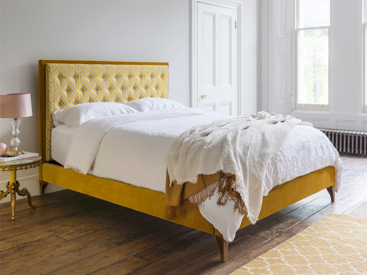 Camden Super King Bed in Portland Velvet Brass & Pampas Saffron