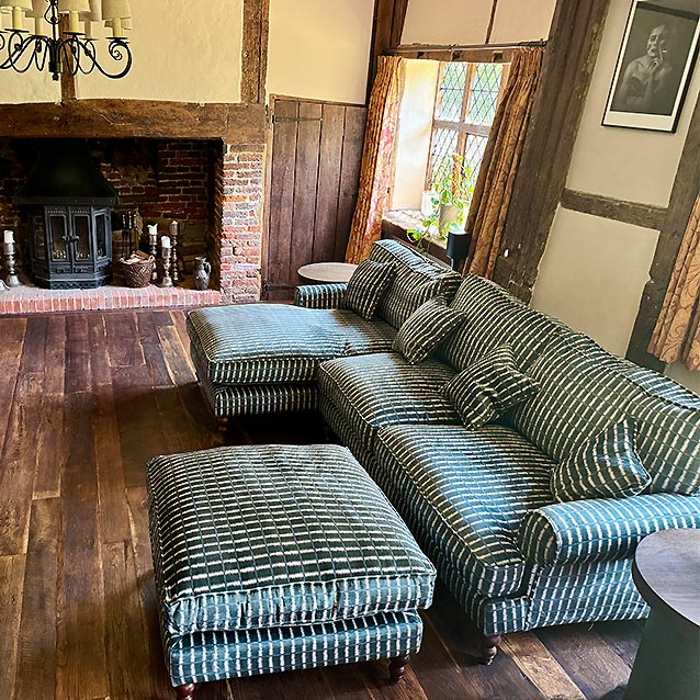 Cooksbridge Grand Chaise and Footstool in Threads of India Opulent Velvets Ikat Mirage Hunter