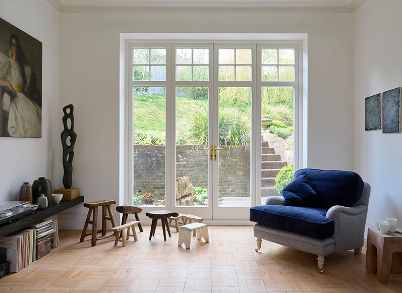 Coates Chair in RHS Gertrude Jekyll Lattice Blue with Seat and Back Cushions in Mohair Velvet Indigo