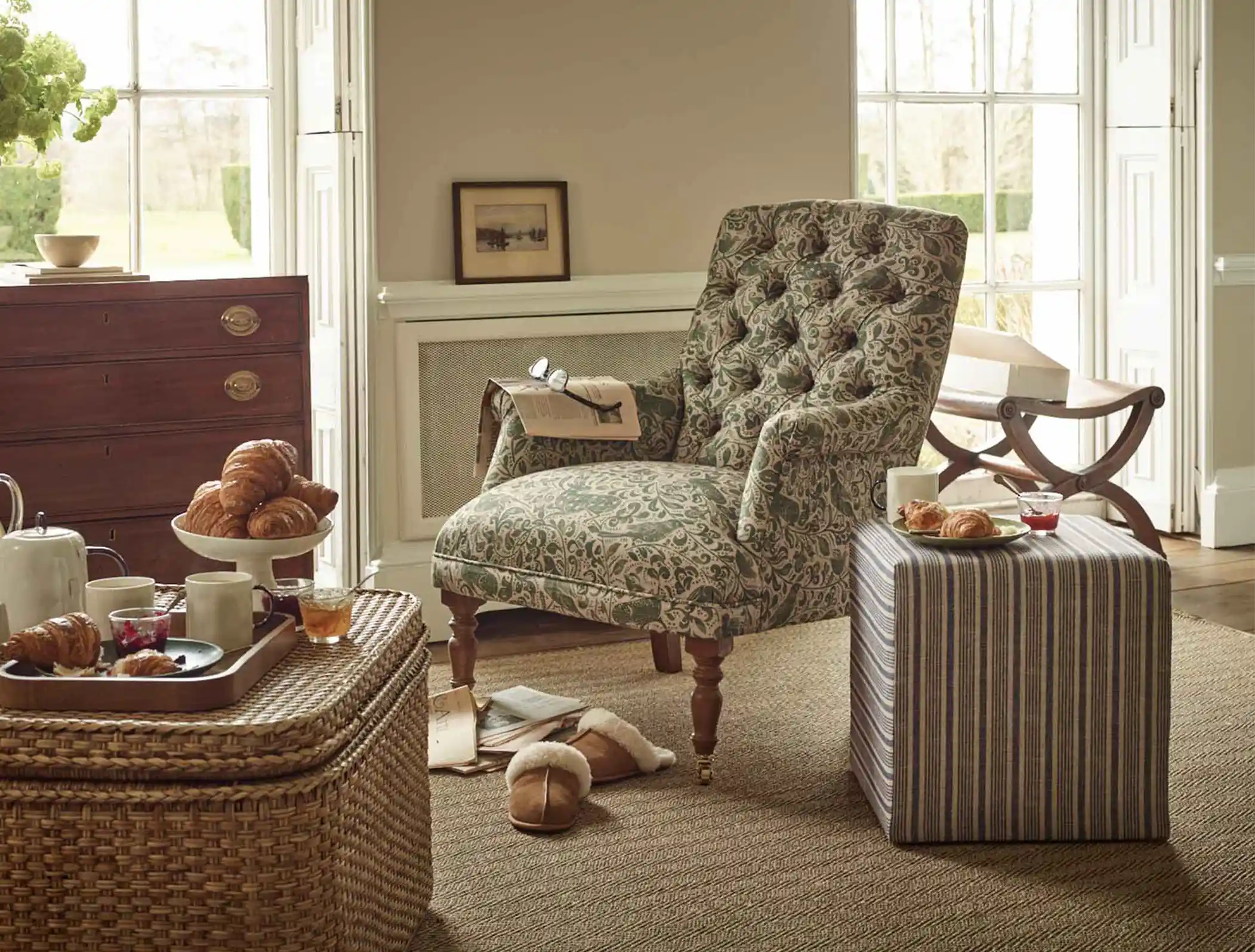 Snape chair in Spill Resistant V&A Bird & Rabbit Dark Green and Cube footstool in Spill Resistant RHS Ettas Stripe Ink