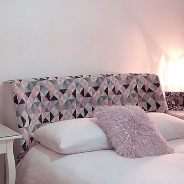 Domino King Bed in Velvet Geometric Pinks & Greys