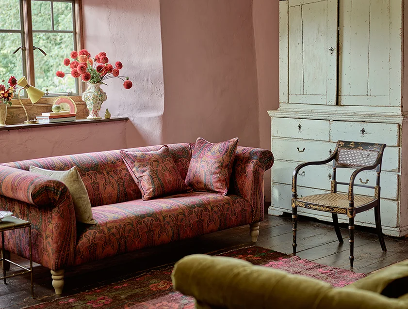 Exbury 3 seater sofa in Threads of India Opulent Velvets Paisley Splendour Rouge
