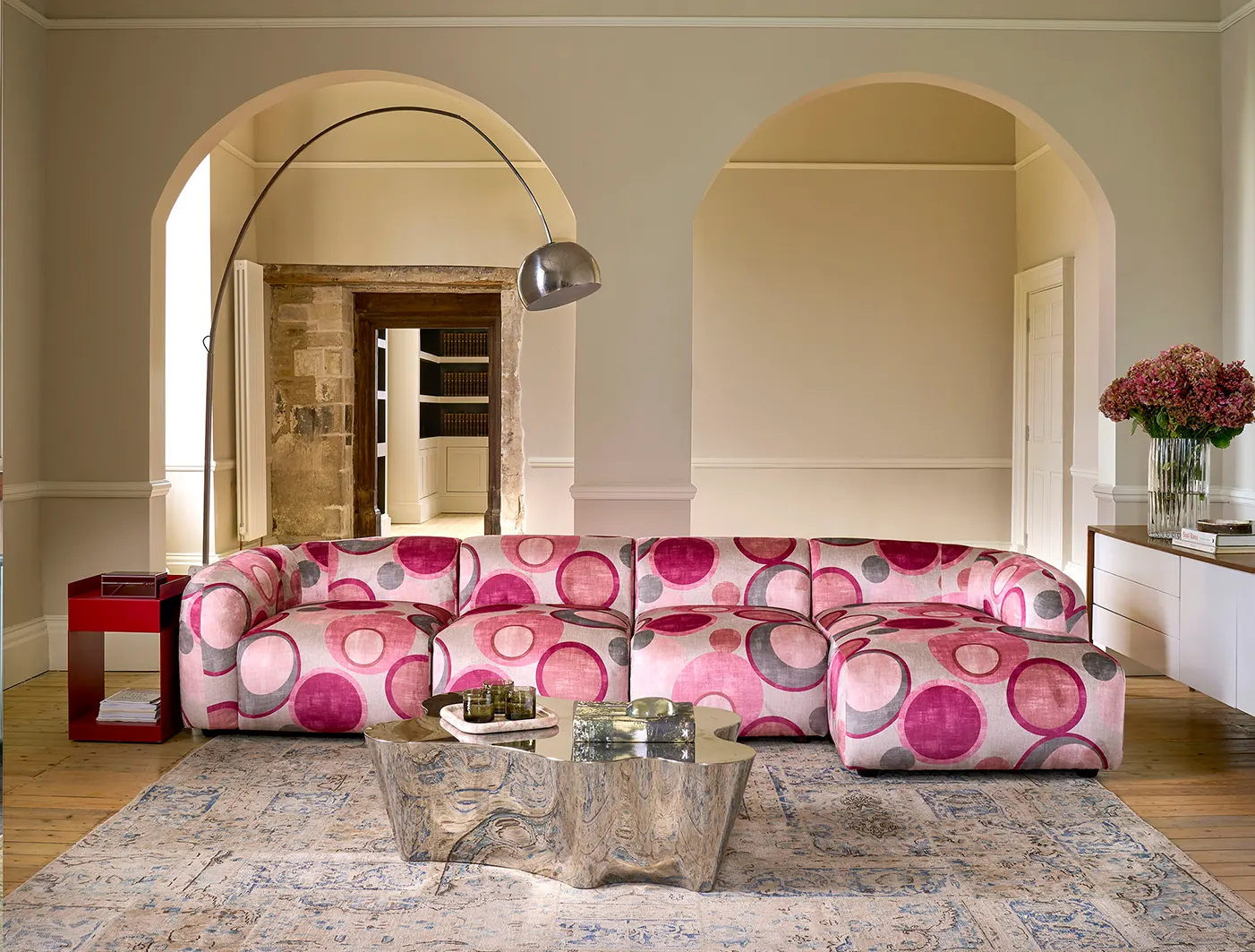 Form modular chaise sofa in Harpers Bazaar RHF Spheres Artists Peony