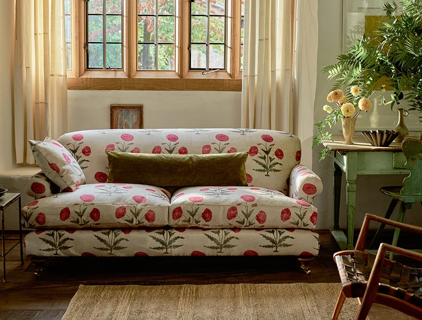 Hampton 3 Seater Sofa in V&A Threads of India Opulent Velvets Regal Poppy Chalk with Bolster Cushion in Traditional Velvet Olive