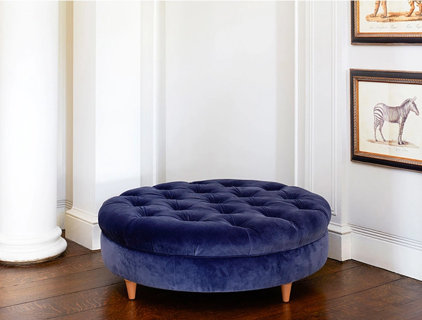 Helmsley Round Footstool in Linwood Omega Velvet Navy