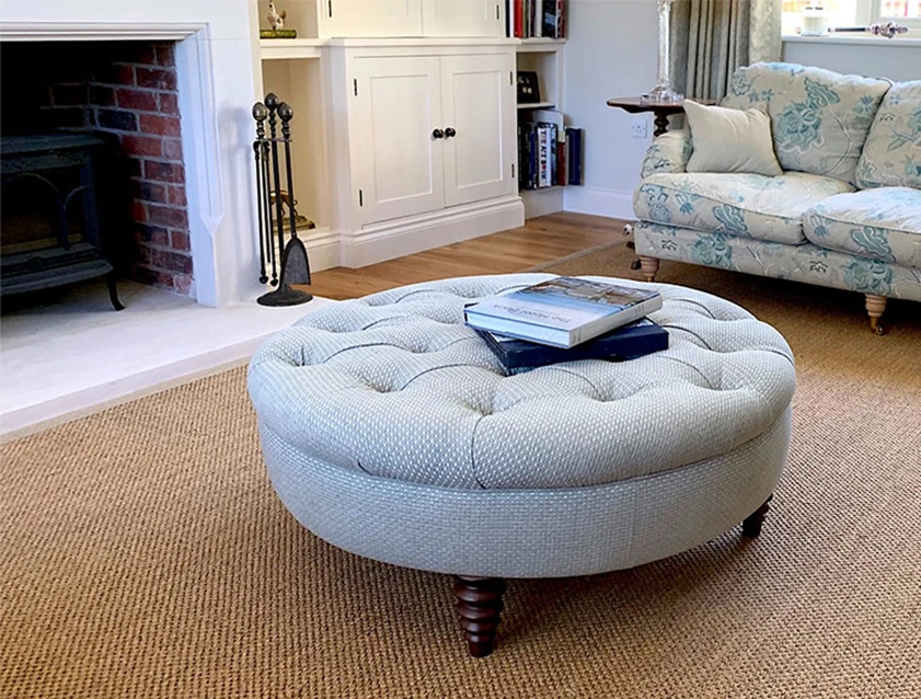 Helmsley Round Footstool in Colefax & Fowler Amery Old Blue