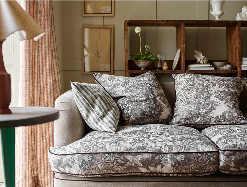Helmsley 3 seater sofa in RHS Botanicals Ferns Toile Bark and Warwick Manhattan Acorn