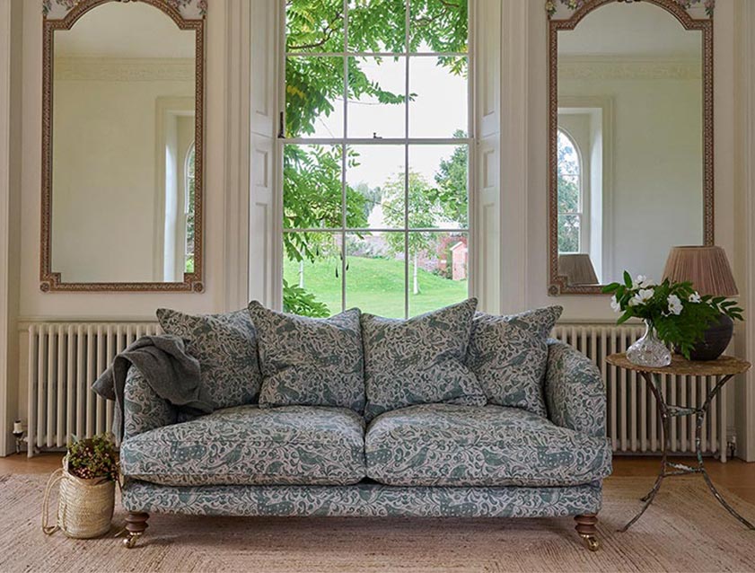 Helmsley 3 seater sofa in V&A Drawn from Nature Collection Bird & Rabbit Dark Green