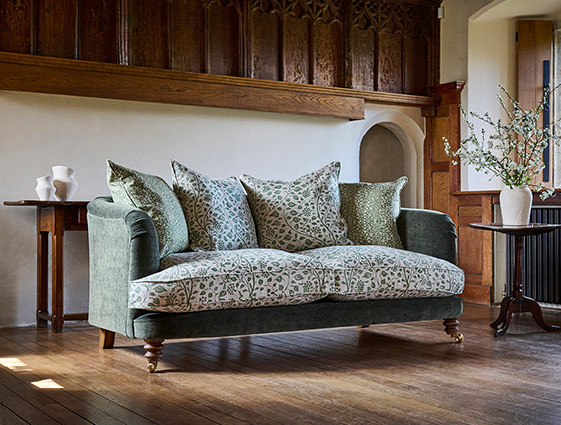 Helmsley Sofa in Mohair Velvet Fir Green with Seat and Back Cushions in RHS Collection Trailing Vine Olive and Small Trailing Ivy Olive