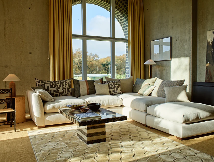 Hambledon Large Corner Unit and Stool LHF in Plain Two Tone Calico with Scatters in Cloth 22 Weaves