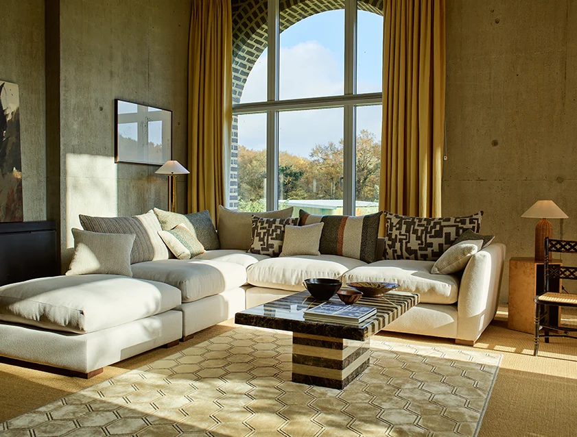 Hambledon Large Corner Unit and Stool RHF in Plain Two Tone Calico with Scatters in Cloth 22 Weaves