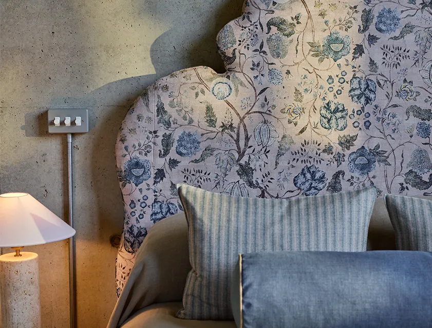 Hampstead king bed Headboard in V&A Threads of India Opulent Velvets Tree of Life Powder Blue