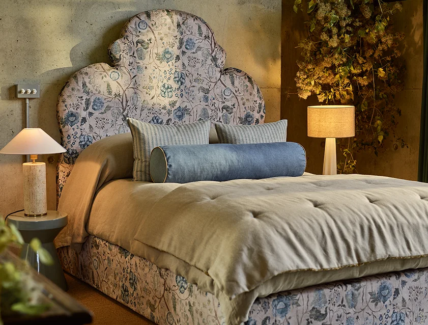 Hampstead king bed in V&A Threads of India Opulent Velvets Tree of Life Powder Blue