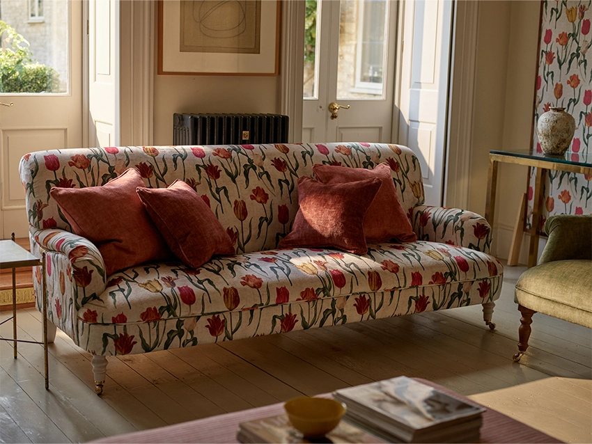 Holmfirth 3 Seater Sofa in RHS Collection on Velvet Pieter van Kouwenhoorn Tulips with scatters in Almost Plain Velvet Maple and Brick