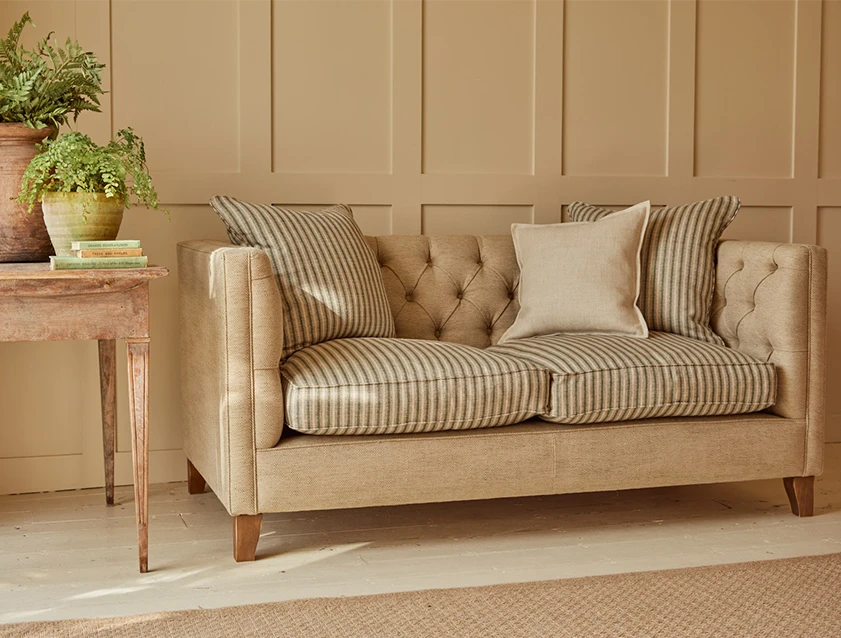 Haresfield 3 seater sofa in Whernside Spring Grass and Stockport Stripe Hunter