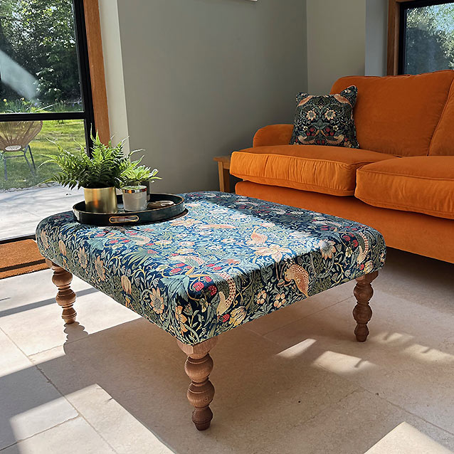 Kentwell Small Footstool in Morris & Co Marigold Indigo Linen