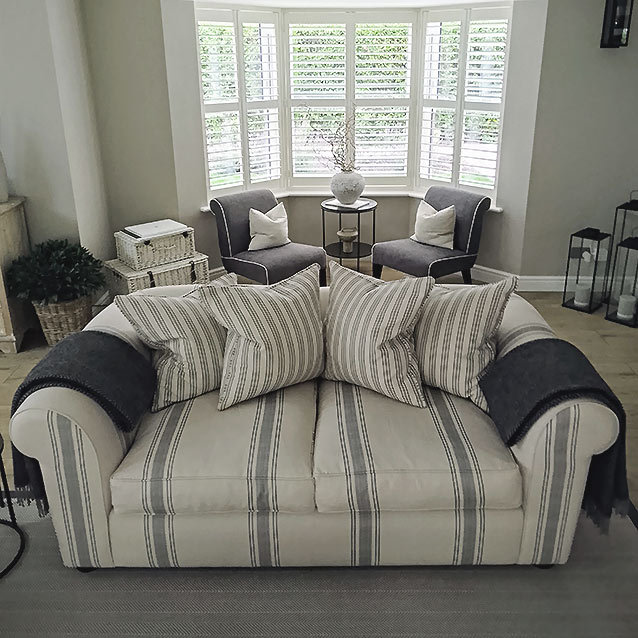 Lewes 3 Seater Sofa in Cloth 22 Racing Stripe mix & Harwood Chairs in Easy Plain Ash with contrast Piping