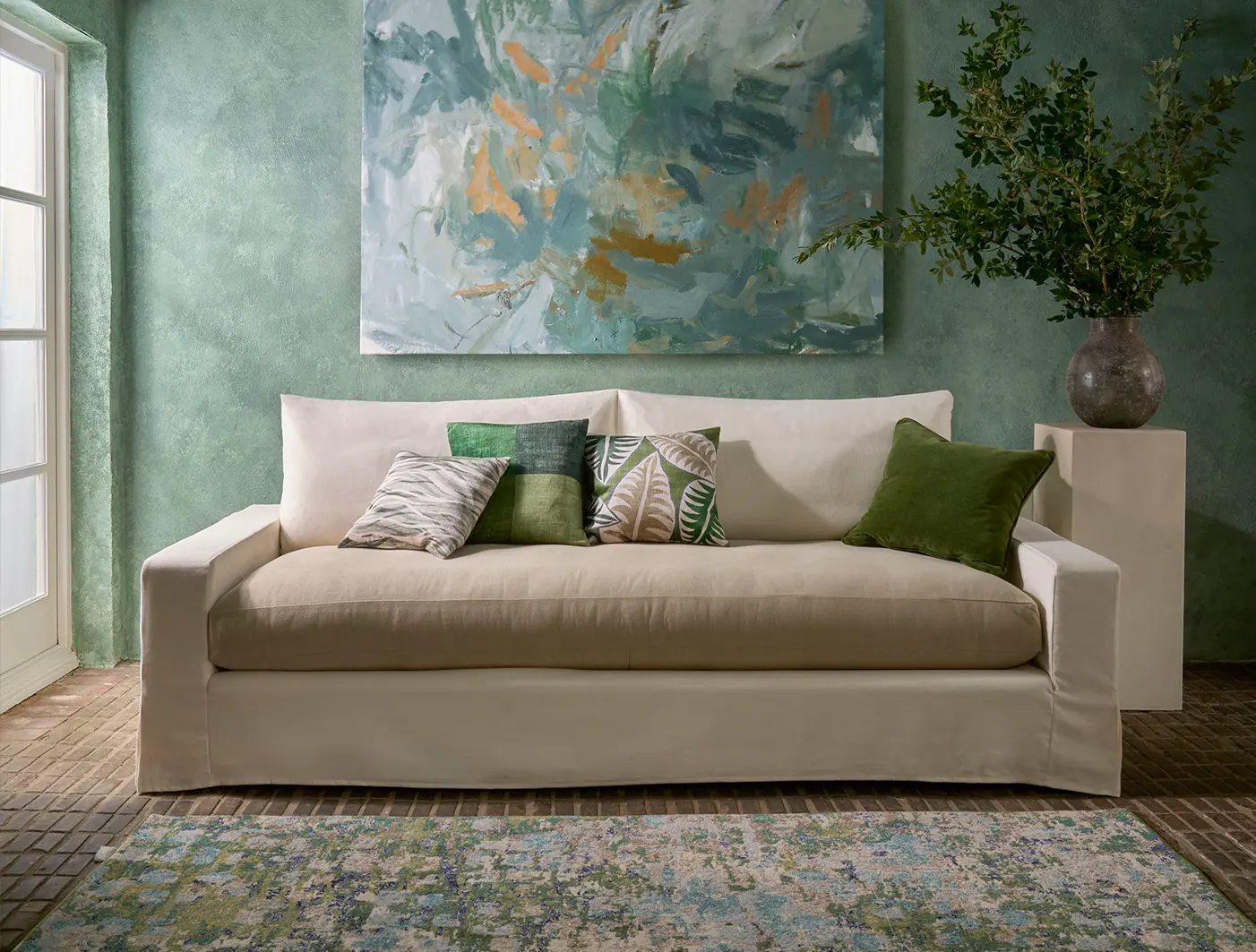 Linear 4 seater sofa loose cover sofa in Linara Off White with seat cushion in Cottolino