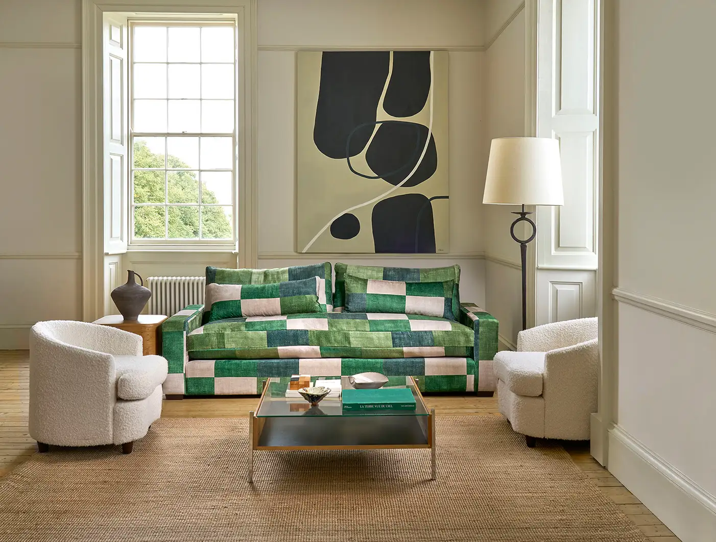 Linear 4 seater sofa in Harpers Bazaar Palette Studio Green with seat cushion in Linwood Romney Wool Forest