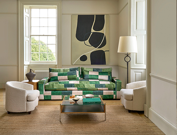 Linear 4 seater sofa in Harpers Bazaar Palette Studio Green with seat cushion in Linwood Romney Wool Forest