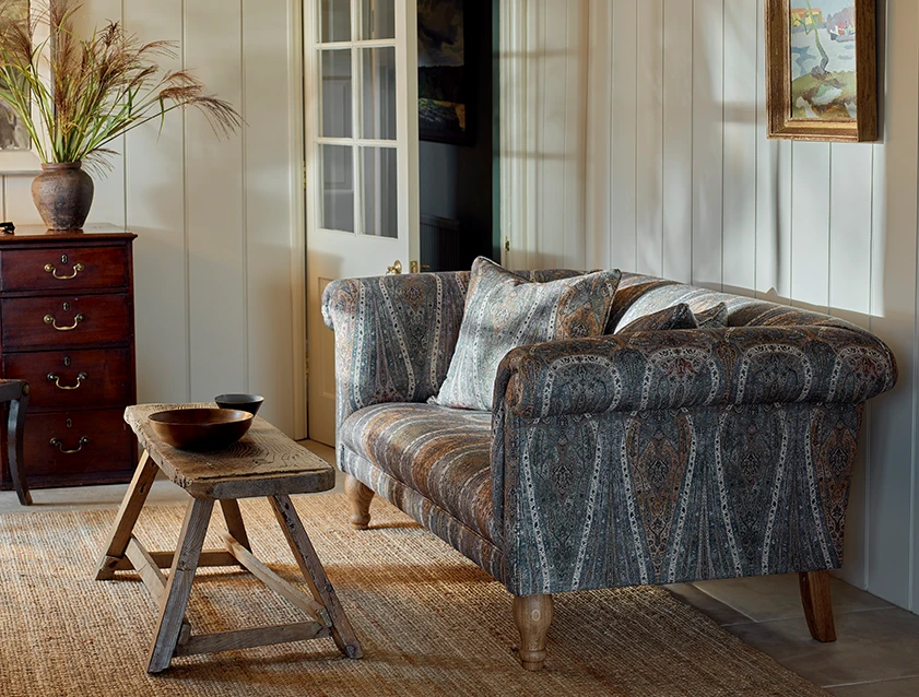 Masham 3 Seater Sofa in V&A Threads of India on Linen Paisley Splendour Steel