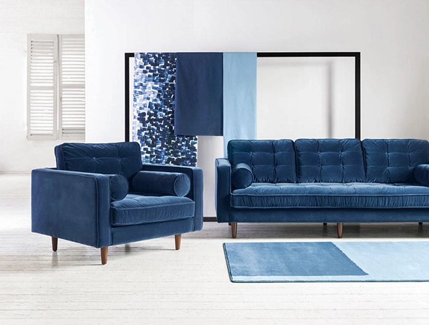 Marylebone Chair with 3 Seater Sofa in Clever Tough And Eco Velvet Indigo