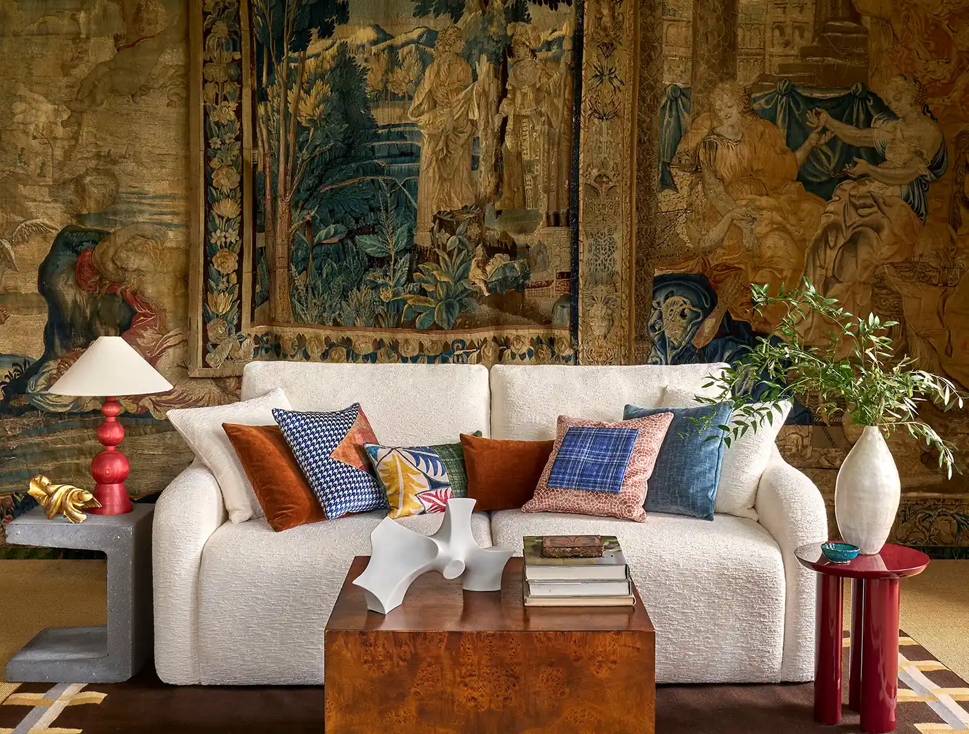 Muse 3 seater sofa in Amberley Natural with scatters in mixed Frame fabrics and Almost Plains