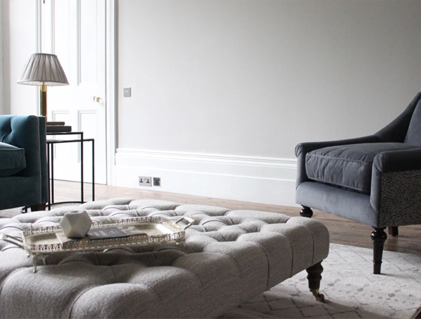 Pentlow Footstool in Tennyson Cockle & Lyme Regis chair Gunmetal and Warick Plush Velvet Steel