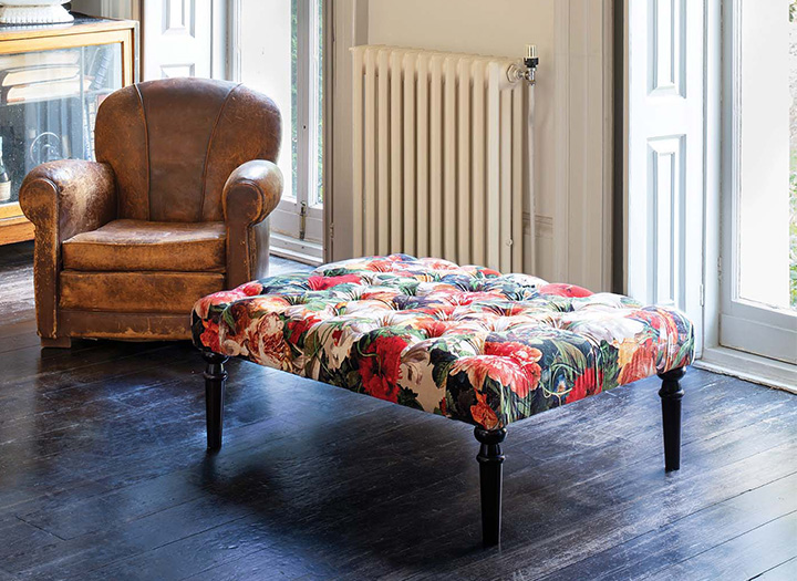 Small Buttoned Footstool Pouffe Warwick Fabrics Plush Velvet