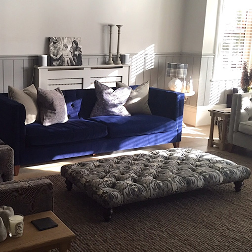 Pentlow Footstool in William Morris Acanthus Slate with Haresfield 3 Seater Sofa in Linwood Omega Midnight