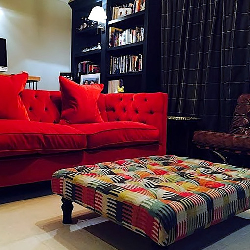 Pentlow Footstool in Medina Watermelon & Haresfield 3 Seater Sofa Linwood Omega Carnelian