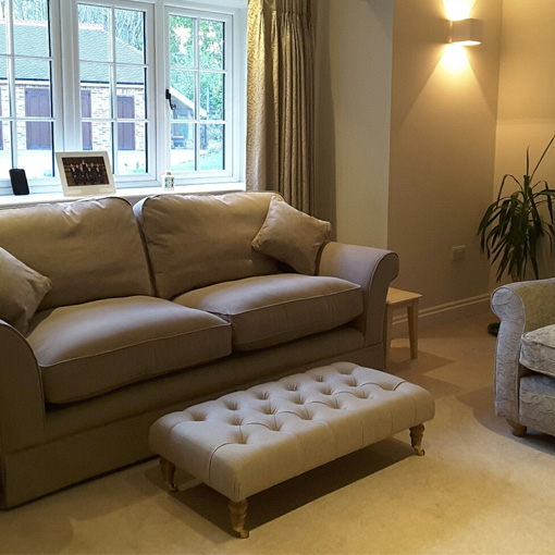 Pentlow Footstool in Sanderson Tailor Linen & Lanhydrock 3 Seater Sofa in Linara Impala