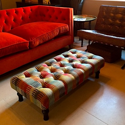 Pentlow Footstool in Medina Watermelon & Haresfield 3 Seater Sofa Linwood Omega Carnelian