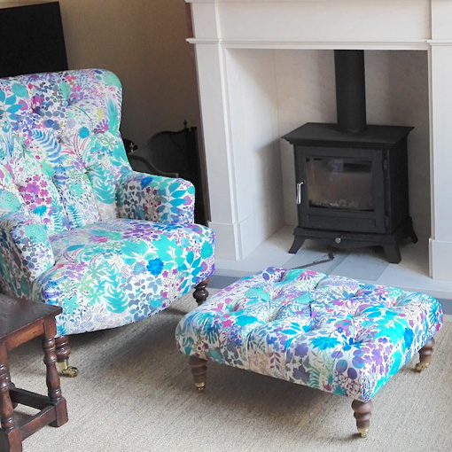 Pentlow Footstool & Headon Chair in Liberty Fresco Lagoon