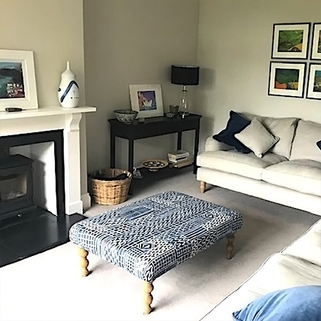 Porthallow Footstool in Willian Yoeward Khalana Marine & Alwinton 2 Seater Sofa in Linara Stucco