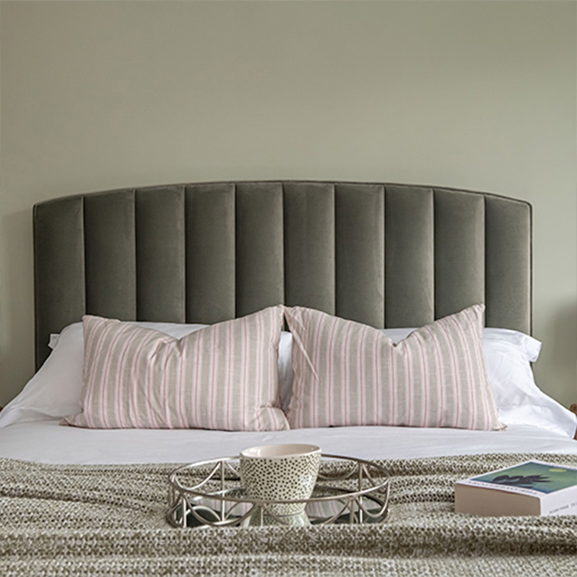 Redchurch King Bed in Linwood Omega Velvet Duck Egg Image Courtesy of Pearcy Interiors