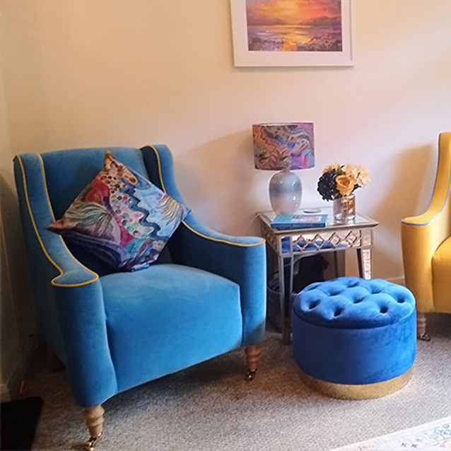 Sennen Chairs in Linwood Omega Velvet Canary & Sky