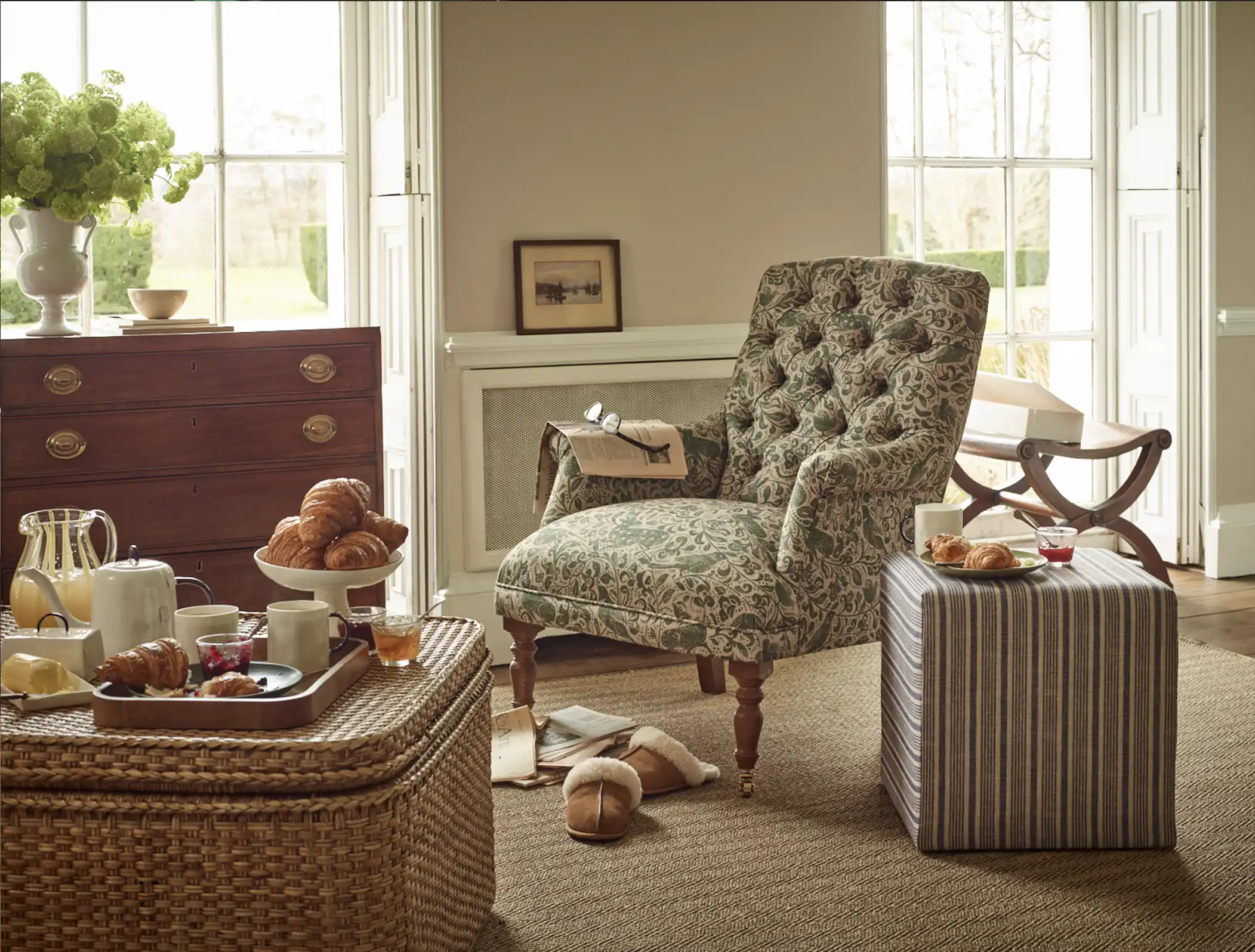 Snape chair in Spill Resistant V&A Bird & Rabbit Dark Green and Cube footstool in Spill Resistant RHS Etta's Stripe Ink