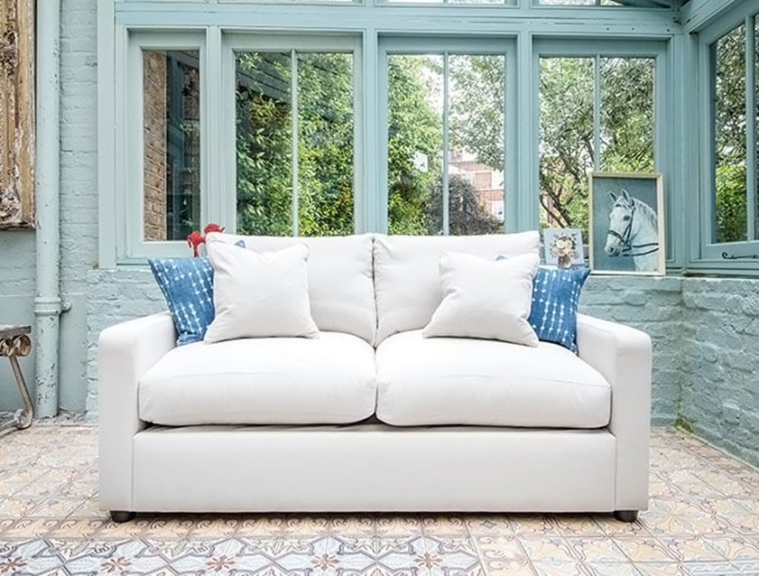 Stopham Sofa Bed in Romo Linara Shingle, seat in Designer's Guild Florian Corn