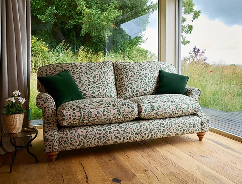 St Mawes 3 Seater Sofa in RHS Collection Gertrude Jekyll Trailing Vine Green with scatters in Linwood Omega Velvet Hunter Green