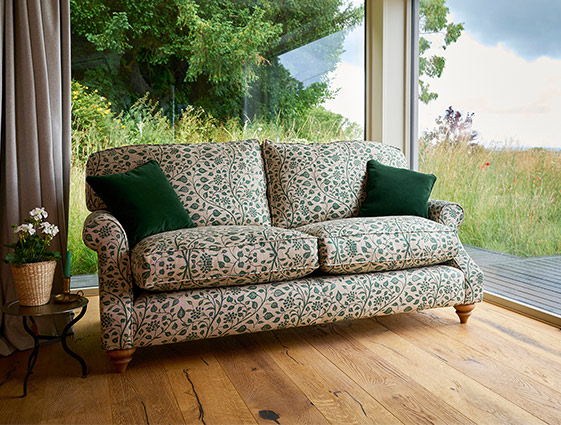 St Mawes 3 Seater Sofa in RHS Collection Gertrude Jekyll Trailing Vine Green-With-Scatters in Linwood Omega Velvet Hunter Green