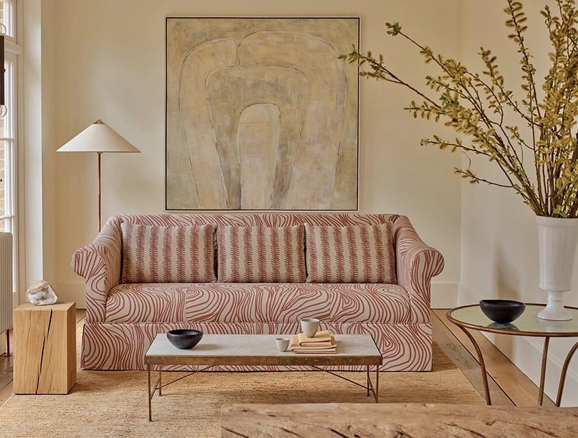 Turnberry 3 seater sofa in Contour Lines Berry with scatters in Frond Stripe Small Berry